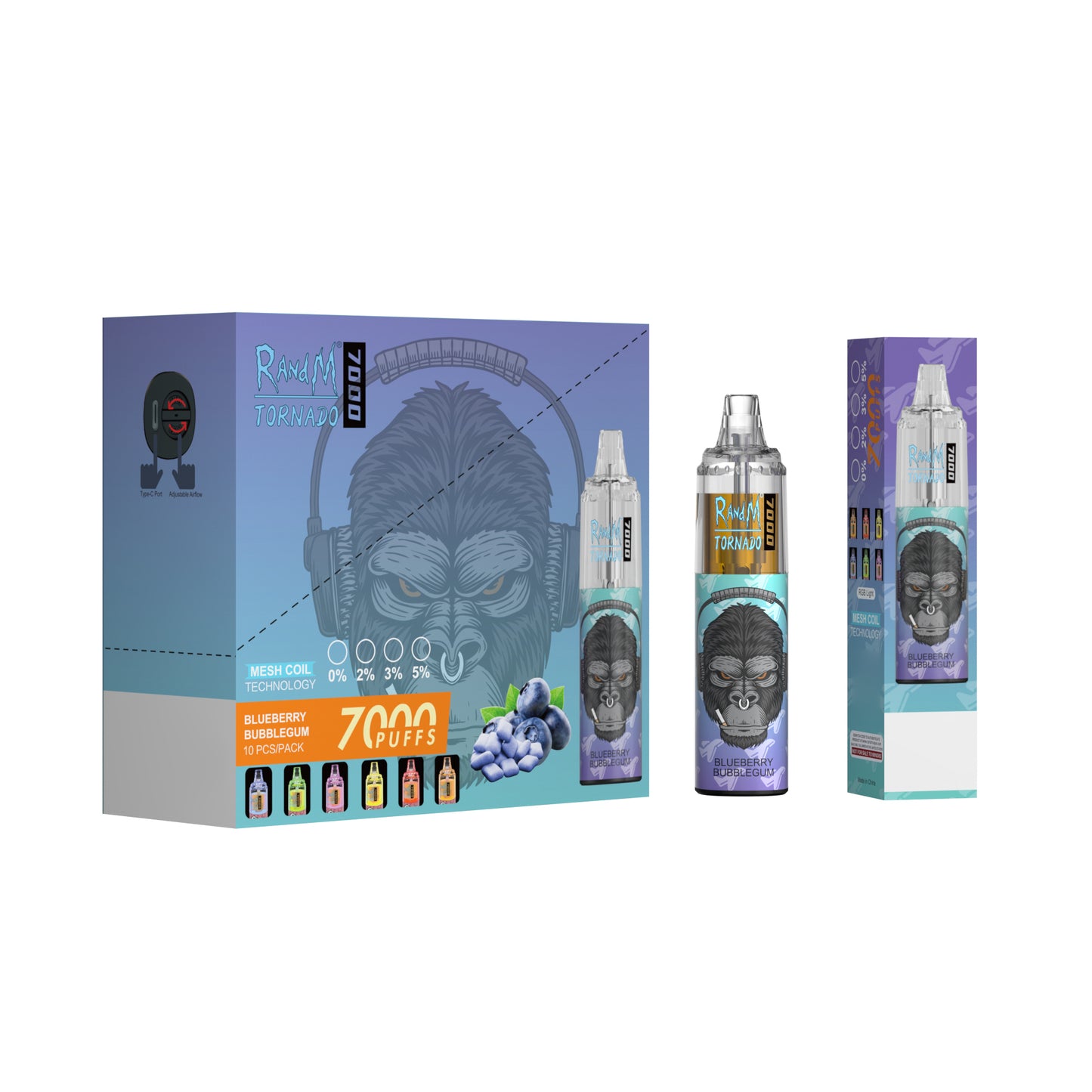 Original RandM Tornado 7000 Puffs Glowing 14ml 1000mAh Vape Kit Device (Free Shipping)