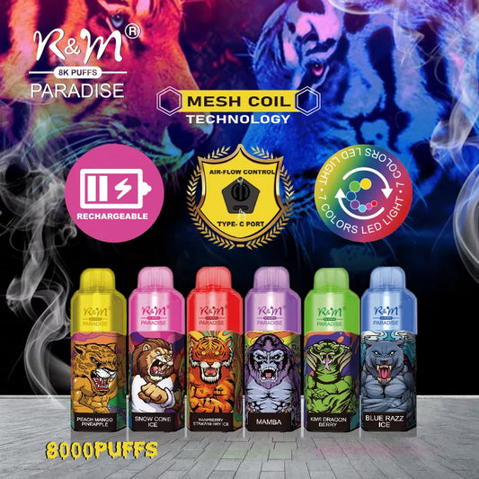 Original R&M Paradise 8000 puffs 15ml Vape Pen with RGB light Device Kit (Free Shipping)