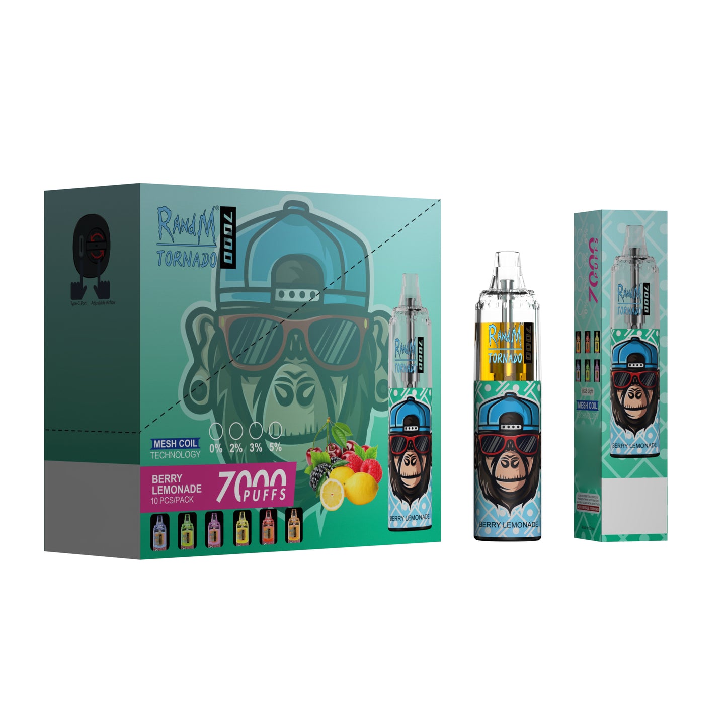 Original RandM Tornado 7000 Puffs Glowing 14ml 1000mAh Vape Kit Device (Free Shipping)