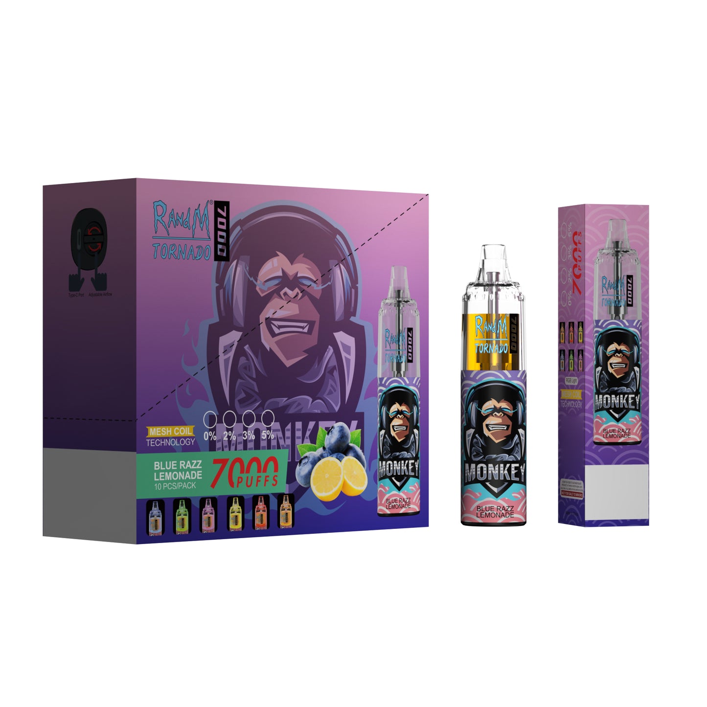 Original RandM Tornado 7000 Puffs Glowing 14ml 1000mAh Vape Kit Device (Free Shipping)
